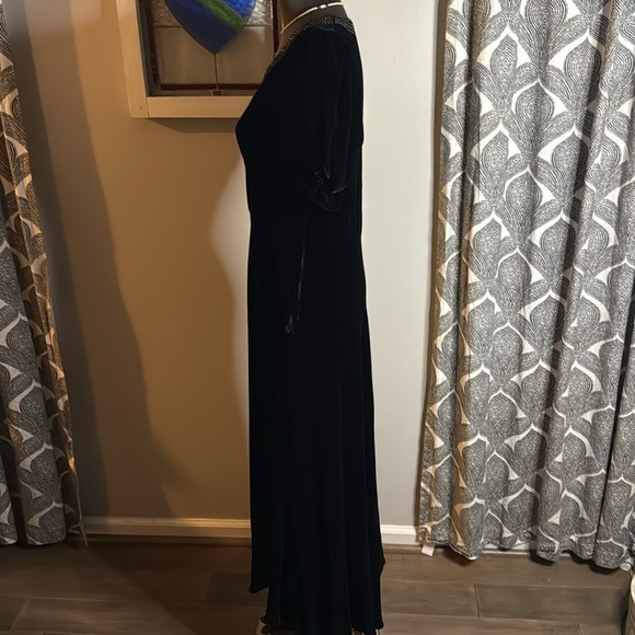 Antique 1930’s Black Silk Velvet Puff Sleeve Rhinestone Embellished Gown Flawed - Picture 5 of 12
